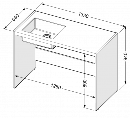 Kratk delovni pult ASTONE z vgrajenim umivalnikom, levi